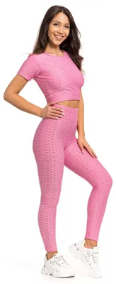 Imagen del producto de Conjunto deportivo de dos piezas para mujer, compuesto por leggings de cintura alta y top corto deportivo, color rosa