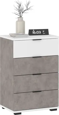 Produktbild von Nachttisch PIANO Beton Optik/weiß, Nachtkommode für Boxspringbetten, Nachtschrank mit 4 Schubladen und Griffen aus Kunststoff, Korpus aus MDF/Spanplatte
