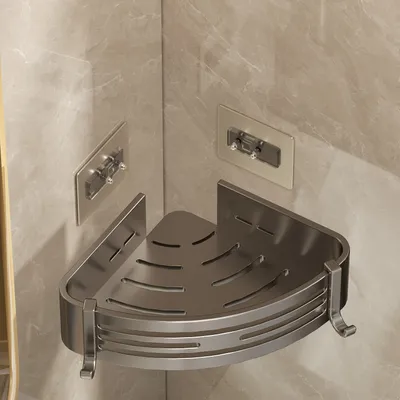 Produktbild von Duschregal 2-Stück Eckregal ohne Bohren aus rostfreiem Aluminium Duschablage Selbstklebendes, mit 4 Klebeflächen und 4 Haken,für Bäder Küchen Grau