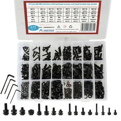 Produktbild von 572 Stück M3 M4 M5 M6 Innensechskant Linsenschrauben Set Kohlenstoffstahl Muttern und Unterlegscheiben Schwarz