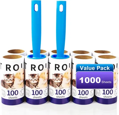 Imagen del producto de Rodillo quitapelusas extra adhesivo, con 1000 hojas, 10 rollos con 2 dispensadores, ideal para eliminar pelos de animales