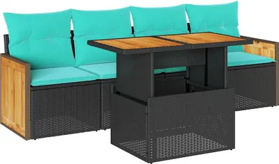Immagine prodotto di vidaXL Set di divani da giardino 5 pezzi con cuscini in polirattan nero acacia