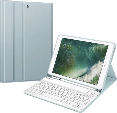 Produktbild von Fintie Tastatur Hülle für iPad 9.7 2018 (6. Generation), Soft TPU Rückseite Gehäuse Keyboard Case mit eingebautem Pencil Halter, magnetisch Abnehmbarer QWERTZ Bluetooth Tastatur, Eisblau