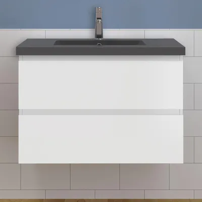 Produktbild von Waschtisch mit Unterschrank 80cm Alast Badmöbel Set Weiß Waschbecken Dunklegrau mit Unterschrank MDF Softclose