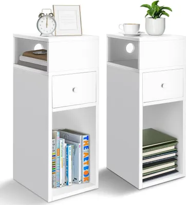 Obrázok produktu pre VOUNOT® Nočný stolík, úzky, sada 2 kusov, príkonový stolík s 2 otvorenými priehradkami a 1 zásuvkou, 25x30x66 cm, biela farba