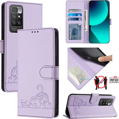 Produktbild von Leder Hülle für Xiaomi Redmi 10 Süße Katze Flip Case Brieftasche Schutzhülle mit Standfunktion Lila