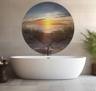 Produktbild von Wallario wasserfestes Poster selbstklebend 120 x 120 cm, Sonnenuntergang am Strand, Badezimmerposter Spritzschutz mit Hochglanzoberfläche in Glasoptik