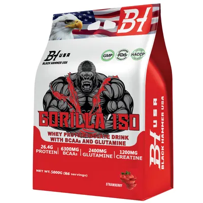 Produktbild von GORILLA ISO Whey 5kg Erdbeere – High Protein Isolat Pulver mit BCAA für Muskelaufbau, Kraft & Regeneration | Fitness Supplement | Black Hammer USA