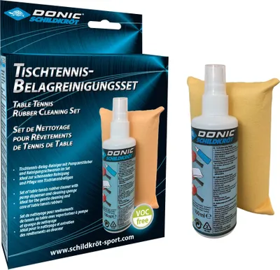 A table tennis rubber cleaning set with a spray bottle and sponge, presented in its packaging and also shown separately.