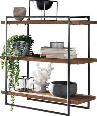 A wooden shelf with decorative items and plants.