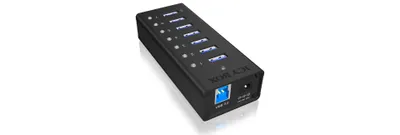 Produktbild von ICY BOX IB-AC618, 7 Port USB 3.2 Gen 1 Hub mit 1x Tablettladeport, Vollmetall, mit 12V 3A Netzteil, schwarz
