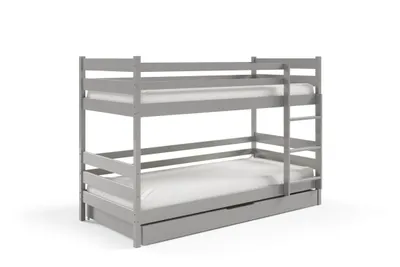 Produktbild von Masseno Etagenbett SIMBA 80x190 cm mit Schublade, Rausfallschutz, Kinderbett mit Leiter für Mädchen und Jungs, Stockbett 2 Kinder, Holz, Hellgrau