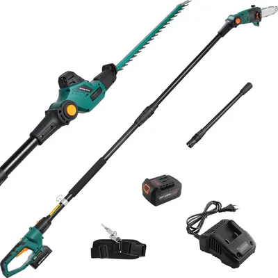 Image de outil de jardinage 2 en 1 - Taille-haies télescopique & élagueuse - Sans fil 20 V - Batterie 4,0 Ah Li-Ion & chargeur - Tête multi-angles - Lame en acier au carbone