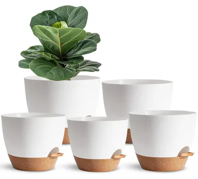 Imagen del producto de Macetas de autorriego, juego de 5 unidades, diferentes tamaños, color blanco, para plantas de interior