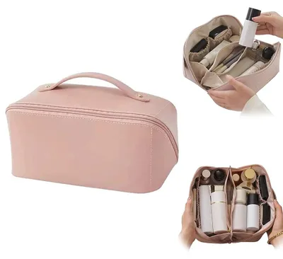Image de Grande trousse de maquillage - Trousse de toilette en cuirPolyuréthaneavec poignée et compartiments pour femmes