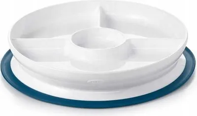 A white divided plate with a blue suction base.