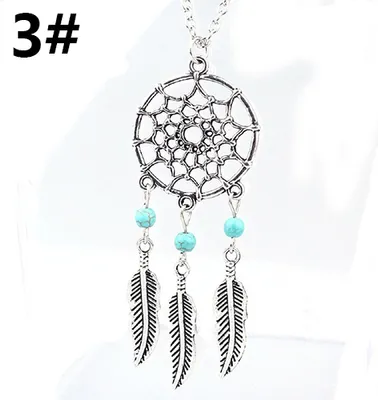 Produktbild von Damen Vintage Türkis Feder Traumfänger Anhänger Kette Halskette Schmuck-3#