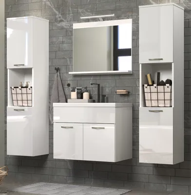Produktbild von Badmöbel Set "Basin" weiß Hochglanz Lack Bad Komplett-Set inkl. Waschbecken und LED