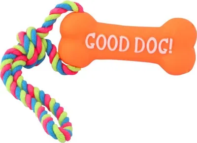 Productafbeelding van Oranje, botvormig kauwspeelgoed voor honden met een pieper en een touw