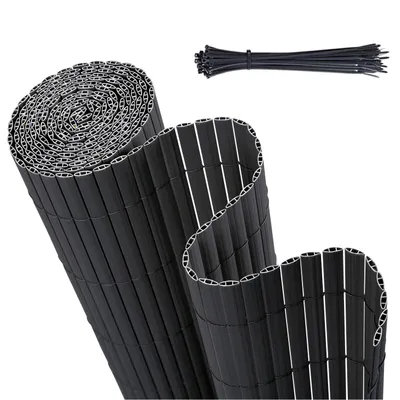 A rolled-up black PVC privacy screen and a bundle of black zip ties on a white background.
