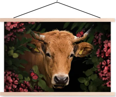 Produktbild von MuchoWow® Textilposter Kuh - Blumen - Tiere - Braun 120x80 cm mit holzfarbenen Rahmen - Aufhängeset