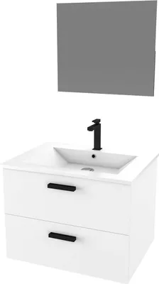 Image de Meuble salle de bain 60 cm suspendu 2 tiroirs Blanc avec vasque et miroir - BOX-IN