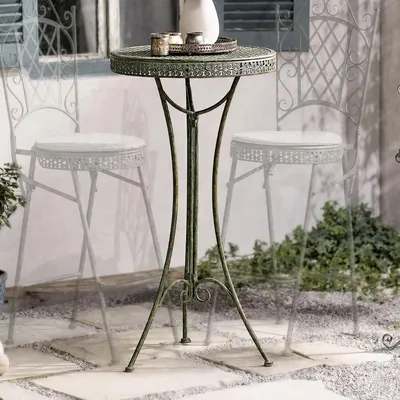 Produktbild von Metall-Stehtisch „Ornamente“ in Mintgrün mit Rosteffekten
