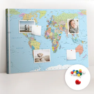 Obrázek produktu pro Korková nástěnka s kolíčky - Tabule s kolíky pro fotografie a poznámky - 100x70 cm - Připínáčky barevné 100 kusů - Politická mapa světa