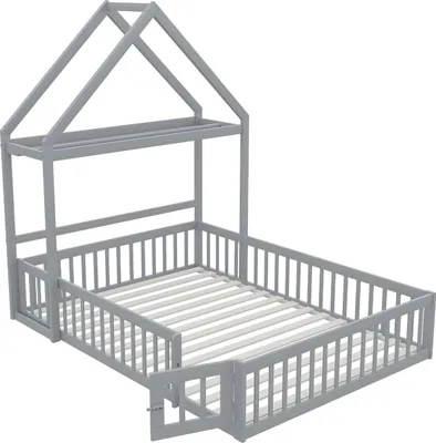 Produktbild von Kinderbett(Grau,140 x 200)Kinderbettgestell aus Massivholz mit Stauraum, Vollschutzgitter und Türen und Lattenrost