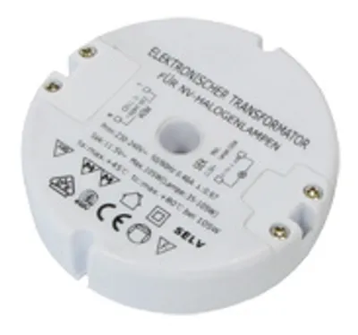 Produktbild von Transmedia-Elektronischer Halogen-Trafo , runde Bauform: Ø 85x22 mm, 230V auf 12V, 35-105 W - mit Überlastungsschutz und Temperatursicherung