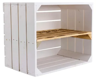 Produktbild von Weiße Obstkiste mit Mittelbrett als Schuhregal und Bücherregal - Holzkiste Johanna - Dekokiste Schuhkiste Regakiste Kistenregal (Weiße Kiste mit geflammtem Boden)