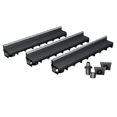Produktbild von 3-er Pack MEAPARK - Entwässerungsrinnen mit Schlitzaufsatz + E-BLADE S Edelstahl Profile