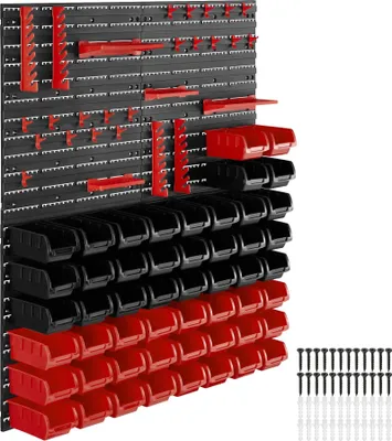 A wall-mounted storage system with multiple bins and hooks.