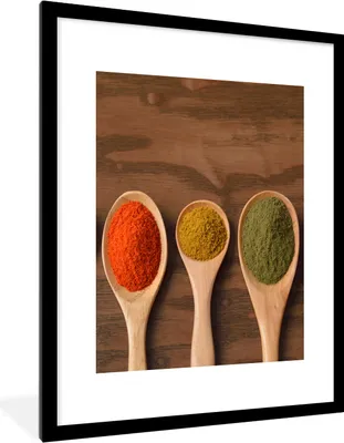 Produktbild von MuchoWow® Gerahmtes Poster Schöpfkelle - Kräuter - Lebensmittel - Gewürze - Tisch 60x80 cm - Poster mit Schwarzem Bilderrahmen Wandposter Rahmen Foto Bilder - Wohnzimmer - Dekorationen - Prämie