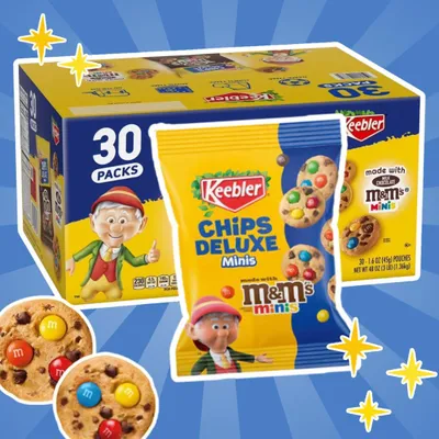 Productafbeelding van 30 Keebler Chips Deluxe Minis met M&M's Minis – Zachte koekjes met chocoladebolletjes, 30 stuks van 45 gram elk + beschermende verpakking voor verzending (Heartforcards®)