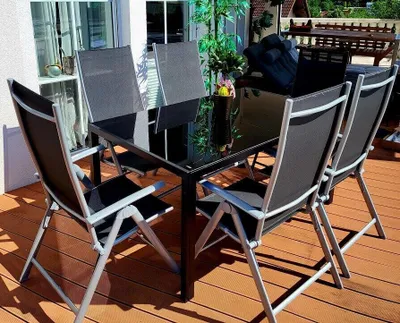 Produktbild von Sitzgruppe POETTO 6 Personen Grau Aluminium Gartenmöbel Tisch Stühle Terrasse Stuhl