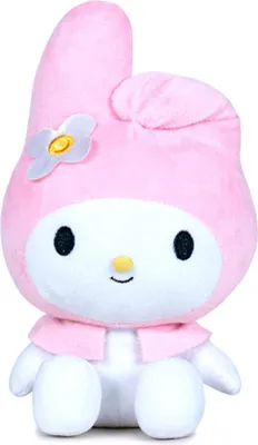 A plush toy of the character My Melody from Hello Kitty, sitting down against a white background.