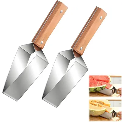 Produktbild von Fruchtschneider Edelstahl mit Holzgriff, 2x Wassermelonen Cutter, Melonenschneider für gleichmäßige Obstwürfel