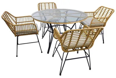 Image de Salon de jardin VALORIA 4 places – Table et 4 chaises en rotin marron avec coussins gris