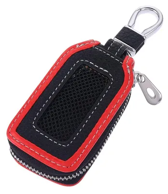 Image de Étui à clés en cuir de vachette, avec fermeture éclair et mousqueton, dimensions : 8 x 4,5 x 1,8 cm. Couleur : noir et rouge
