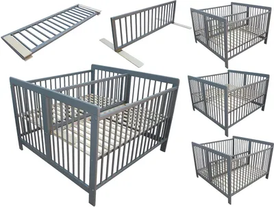 Produktbild von Zwillingsbett Kinderbett für Zwillinge 2in1 massiv grau 120x120 cm und Trenngitter