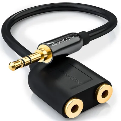 Produktbild von deleyCON AUX Stereo Audio Klinken Adapter - 2x 3,5mm Buchse auf 1x 3,5mm Stecker Metall Vergoldet - Schwarz