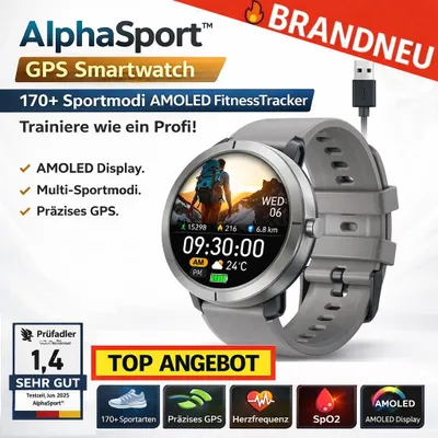 Obrázok produktu pre AlphaSport™ Smartwatch GPS 170+ športových režimov AMOLED FitnessTracker Srdcová frekvencia SpO2: Titanium Gray