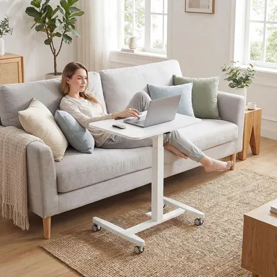 Produktbild von Sweiko Höhenverstellbarer Stehschreibtisch, Rollbarer Schreibtisch mit neigbarer Tischplatte, Sicherheitsstopper, Rollen, Weiß