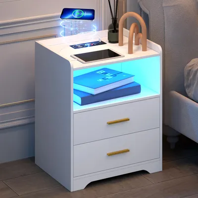Produktbild von LVSOMT Moderner weißer Nachttisch aus Holz mit RGB LED-Beleuchtung, Ladefunktion und Steckdose, Praktischer und stilvoller Nachtschrank für das Schlaf