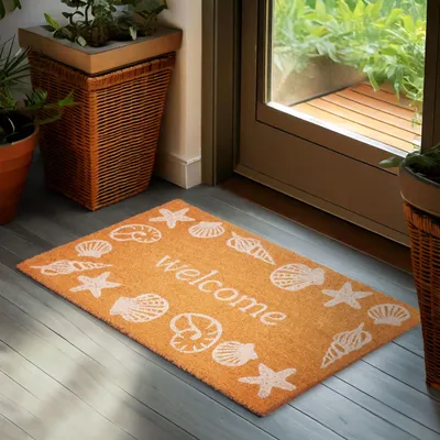 Produktbild von BRUBAKER Fußmatte Welcome mit Muscheln - 45x75 cm Kokos Schmutzfangmatte - Antirutsch & Wetterfest - Braun