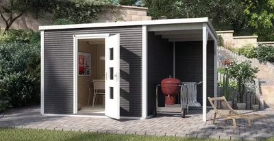 Produktbild von WEKA 413.3030.66100 Gartenhaus/Blockbohlenhaus AVELLINO 2 mit Anbau (150 cm)/Einzeltür ; Größe: 2 ; Farbgebung: Anthrazit ; Wandstärke: 45 mm ; Maße (LxBxH): 450 cm x 305 cm x 244 cm ; Seitenwandhöhe: 239 cm