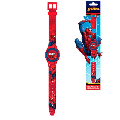 A Spiderman digital watch and its packaging are displayed against a white background.