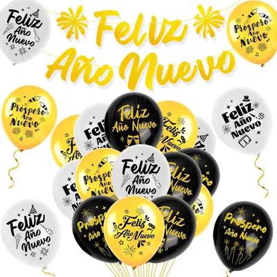 Immagine prodotto di SET DECORATIVO PER FESTE DI CAPODANNO: PALLONCINI, GUALANDE, COLORI: ORO, NERO, BIANCO. (Spagnolo)