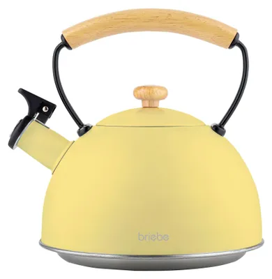 Zdjęcie produktu dla Briebe Pastel czajnik indukcyjny fletowy 2.3L stal nierdzewna, drewniany uchwyt retro żółty
